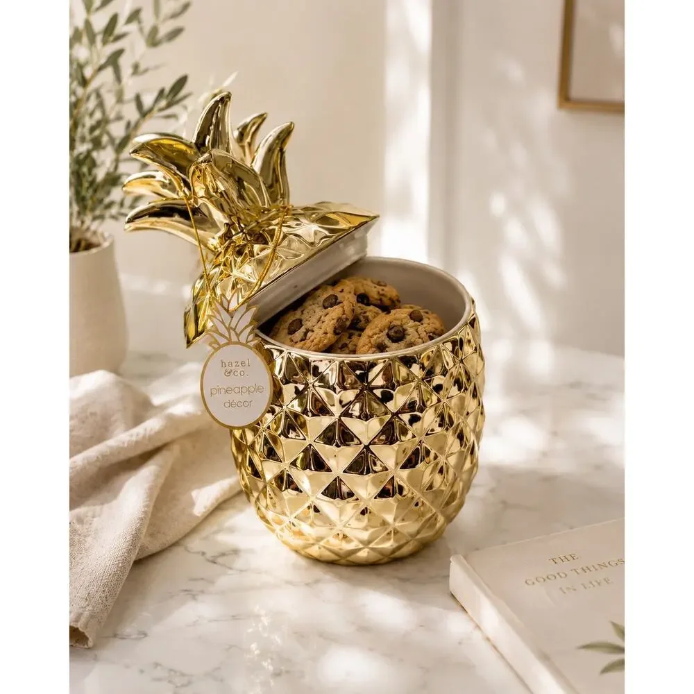 Gold Pineapple Ceramic Cookie Jar